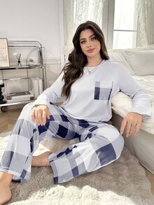 Lazeform Plaid Print Round Neck Long Sleeve Long Pants Plus Size Pajama Set - Navy Blue - View 1
