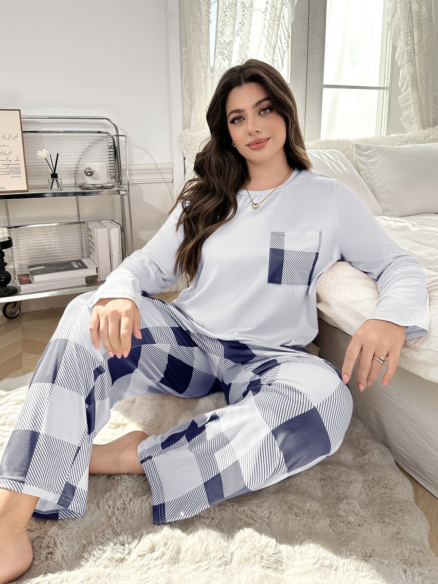 Lazeform Plaid Print Round Neck Long Sleeve Long Pants Plus Size Pajama Set - Navy Blue - View 1