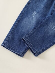 男嬰/幼兒 2件組秋冬加厚抓絨時尚可愛泰迪熊圖案衛衣與牛仔褲套裝，可拆卸領子，冬季嬰兒服飾，丹寧牛仔褲運動套裝 - 紅色 - 查看 3
