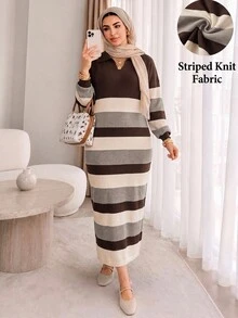 Feyla Plus Size Women's Striped Collared Long Sleeve Casual Knit Dress - Multicolor - View 9