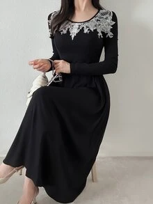 FRIFUL Women's Round Neck Embroidered Long Sleeve Solid Color Midi Dress Dinner Tea Party Date Night Black And White Fall French Lace Mature Elegant - Pearl White - View 1