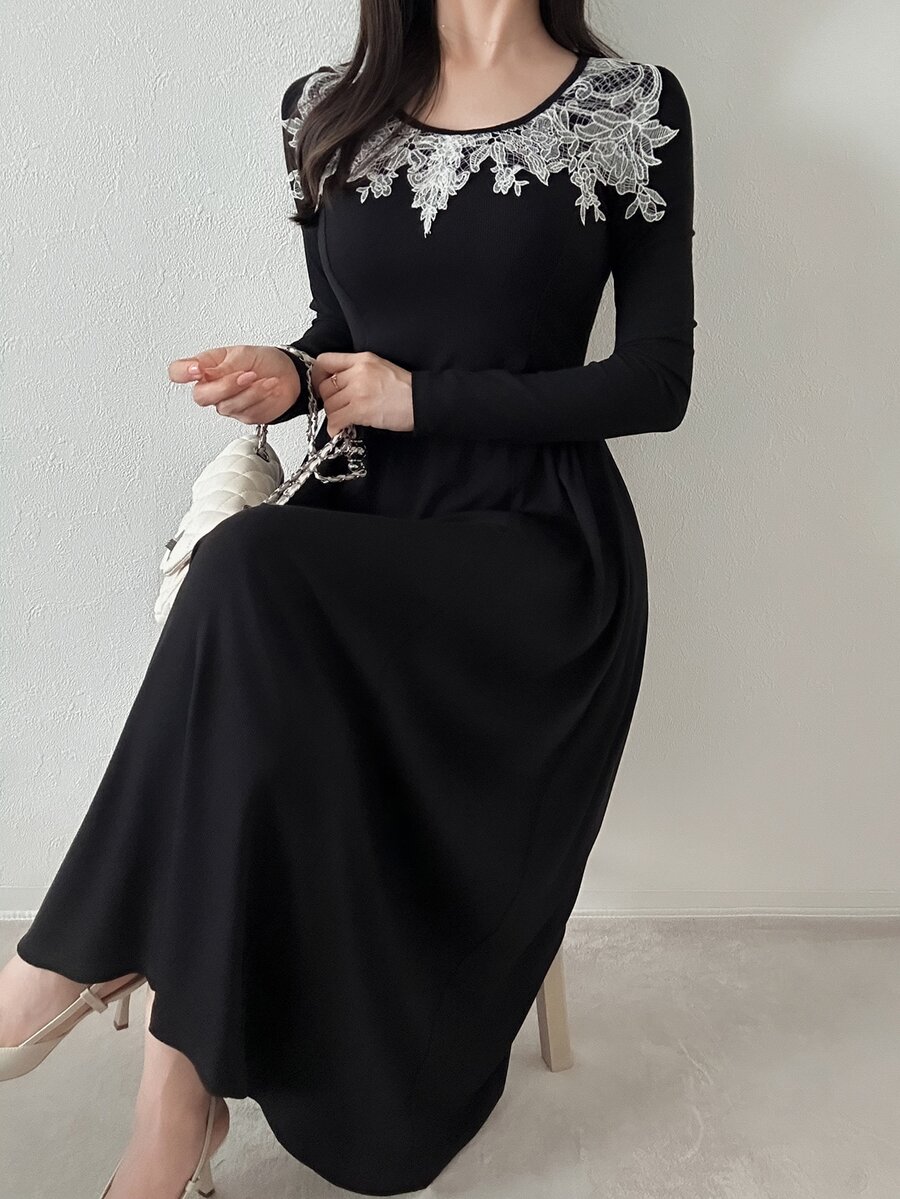 FRIFUL Women's Round Neck Embroidered Long Sleeve Solid Color Midi Dress Dinner Tea Party Date Night Black And White Fall French Lace Mature Elegant - Pearl White - View 1
