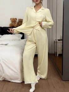 Napfluff Exquisite Lace Trim Striped Pajama Set, Minimalist Lapel Button Design Long Sleeve Comfortable Loungewear - Yellow - View 2