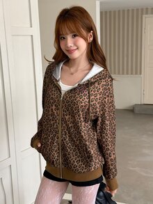 K-Vae Women's Vintage Brown Leopard Print Hooded Sweatshirt, Loose Waffle Knit Casual Lazy Jacket Top - Multicolor - View 6