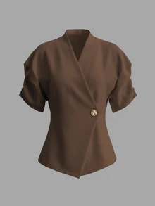 GlowEve Spring/Summer Women's New V-Neck Cross Metal Buckle Cinched Waist Asymmetrical Hem Design Niche Elegant Commuter French Style Blouse - Coffee Brown - View 5