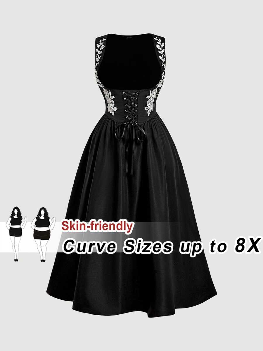 SHEIN CURVE+ 大尺碼女款花卉刺繡低領腰部綁帶設計優雅無袖洋裝 - 黑色 - 查看 1