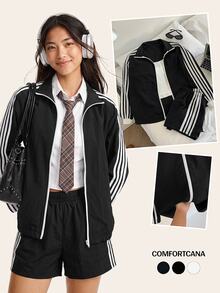 Comfortcana 女款休閒運動拉鍊長袖條紋拼接夾克與條紋拼接短褲2件套 - 黑色 - 查看 8