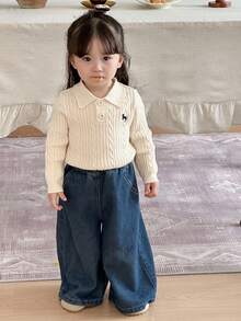 Dazy Kids Young Girl) Cute Turn-Down Collar POLO Neck Fitted Long Sleeve Autumn Sweater - Beige - View 6