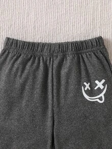 SHEIN 2件組男嬰幼兒運動衫長褲套裝，可愛學院風深灰色笑臉印花，長袖圓領加厚，適合派對、冬季、秋季、聖誕，羅紋收口 - 灰色 - 查看 7