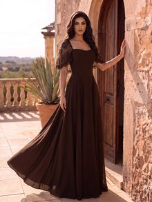 Coutiva Women's Lace Patchwork Elegant Waist-Cinching Formal Prom Graduation Evening Gown Dress Brown Fall - Coffee Brown - View 1
