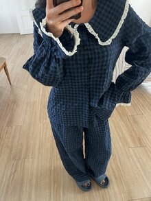 DAZY Women's Plaid Colorblock Long Sleeve Top And Pants Casual Daily Home Sleepwear Set - Navy Blue - View 5