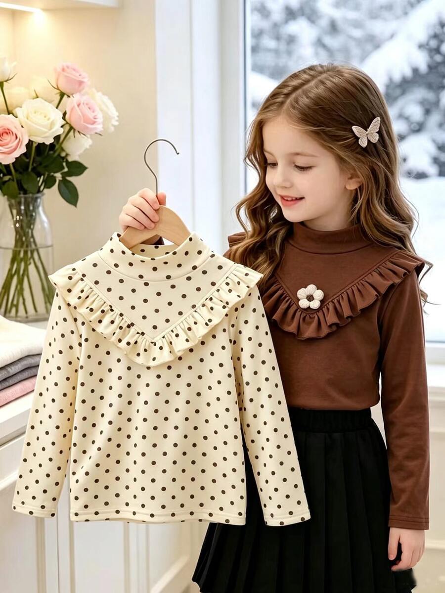 SHEIN 2件組女童幼兒簡約可愛波點印花荷葉邊高領保暖內層T恤上衣,黃色與棕色,秋冬款 - 彩色 - 查看 1