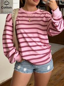 Muchica Plus Size Streetwear Striped Colorblock Long Sleeve T-Shirt - Pink - View 6