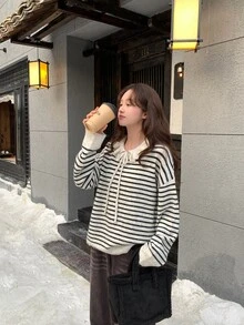 DAZY Women's Collared Striped Long Sleeve Casual Sweater, Autumn/Winter, Style - Black and White - View 5