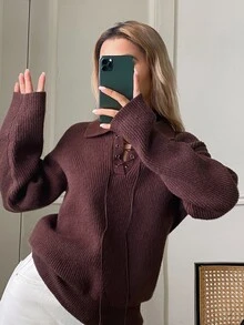 Livesso Women's Fall Dark Brown Round Neck Long Sleeve Cable Knit Slim Fit Ribbed Casual Retro Vintage 70s 80s Retro Sweater Brunch - Coffee Brown - View 3