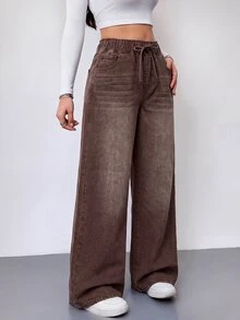 SHEIN Tall 女款抽繩腰休閒日常牛仔褲 - 棕色 - 查看 7