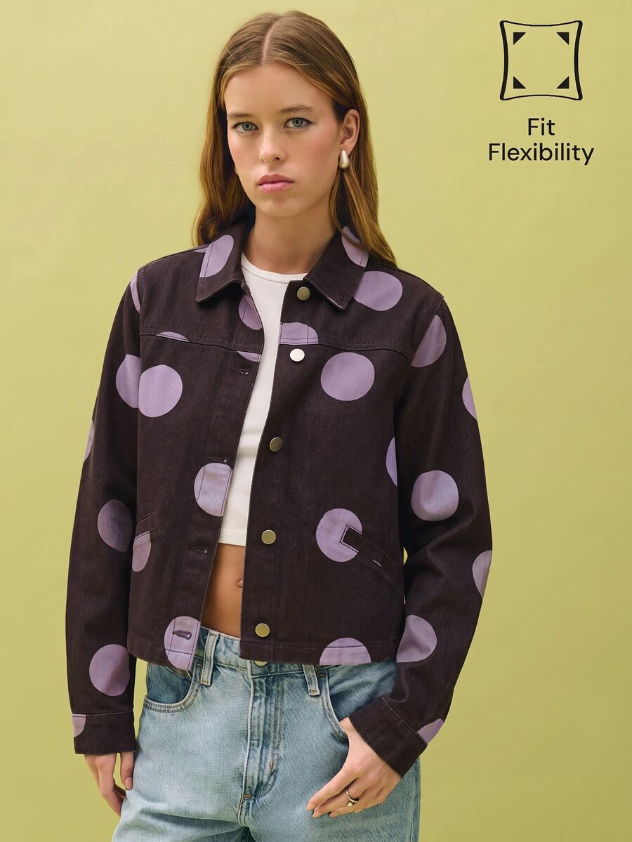 Nöista Big Dot Print Long Sleeves Denim Jacket - Red Violet - View 1