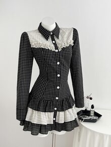 Elamini Women's Autumn Y2K Casual Plaid Colorblock Cake Mini Dress - Black - View 5