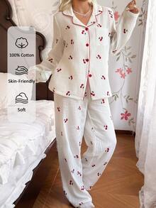 CottageSlumber Women's 100% Cotton Embroidered Cherry Print Open Front White Pajama Set - White - View 5