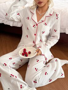 CottageSlumber Women's 100% Cotton Embroidered Cherry Print Open Front White Pajama Set - White - View 11