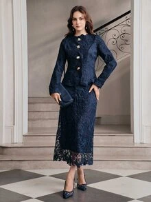 Anewsta Women's Elegant 2 Pieces Set Embroidered Fabric Jacket With Skirt, Autumn New Style - Navy Blue - View 6