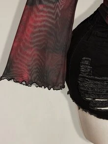 SHEIN ICON 女款大尺碼紮染圖案單肩長袖時尚上衣 - 酒紅色 - 查看 8