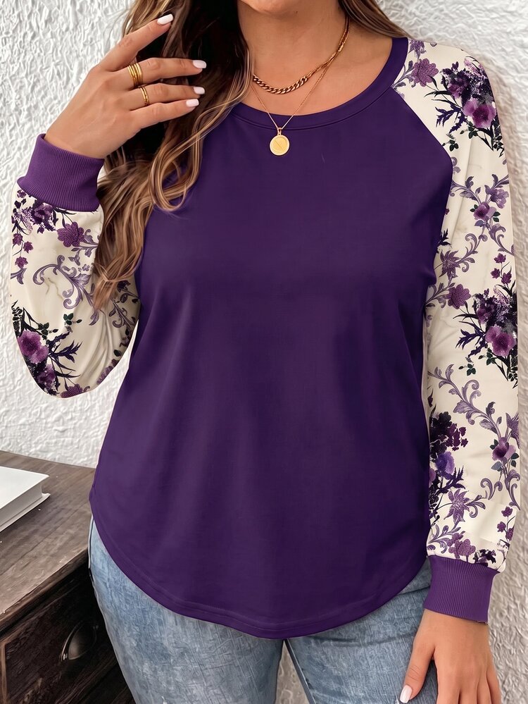 Comfylo Autumn/Winter New Teacher's Day Thanksgiving Purple Floral Print Plus Size Women's Casual Raglan Sleeve Round Neck Loose Fit T-Shirt Suitable For Spring/Autumn - Purple - View 5