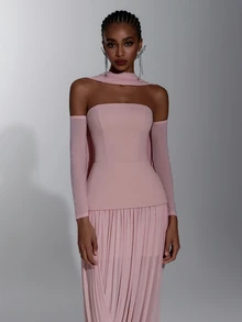 Elitara Elegant Minimalist Lotus Pink Knit Mesh Tube Top 2 In 1 Asymmetrical Ruched Hem Bridesmaid Dress - Dusty Pink - View 2