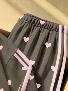 Young Girls Fashionable High-End Dark Gray Base Pink Heart Contrast Pattern Crew Neck Sweatshirt & Wide Leg Pants Set, Autumn Winter 2026 - Multicolor - View 6