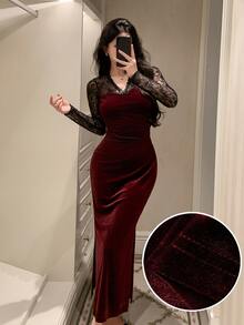 Dazy Tall Women's Long Elegant Lace Patchwork Dress - Burgundy - View 16
