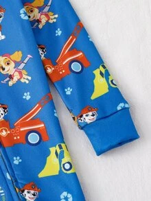 SHEIN | PAW Patrol 秋冬男嬰聯名款酷萌挖掘機狗狗印花軟舒適緊身高彈薄款拉鍊長袖連身衣居家服貼身款 - 藍色 - 查看 3