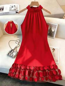 GlowEve CURVE Plus Size Women's Elegant Patchwork 3D Mesh Halter Neck Dress - Red - View 3