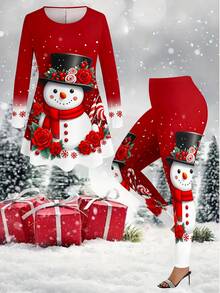 EMERY ROSE Plus Size Women's Christmas Snowman Candy Print Twop Piece Sets,Festive Winter Design,Stylish Unique Look,Perfect For Holiday Season Party & Daily - Multicolor - View 1