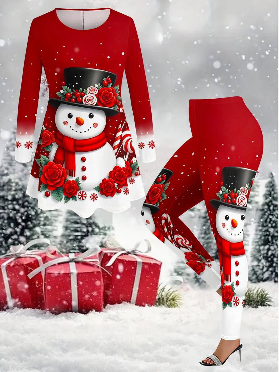 EMERY ROSE Plus Size Women's Christmas Snowman Candy Print Twop Piece Sets,Festive Winter Design,Stylish Unique Look,Perfect For Holiday Season Party & Daily - Multicolor - View 1