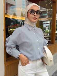 DAZY Autumn Women's Loose Short Button-Down Shirt With Collar, Blue And White Fine Stripes, Fresh Casual Commute Daily Wear - Baby Blue - View 7