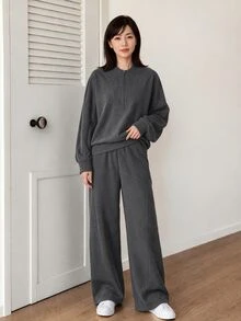 Yumoku Bộ thời trang nữ nửa khóa kéo, áo nỉ dài tay dáng ôm mùa đông mới và quần ống rộng, set 2 món - Xám - Xem 6