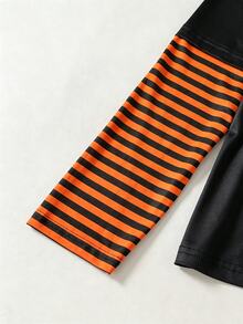 SHEIN 青少年女孩音樂節街頭風基礎哥德龐克條紋拼接 2 合 1 哥德印花圓領寬鬆長袖 T 恤，個性化愛心蜘蛛網與黑色蜘蛛圖案，復古黑橘色，舒適秋冬款萬聖節 Y2K 風格 - 彩色 - 查看 4