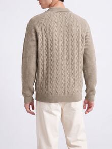 Manfinity Homme Men's Cable Knit Raglan Sleeve Zip-Up Casual Sweater - Khaki - View 3