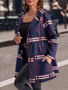 EMERY ROSE Plus Size Women Plaid Drawstring Waist Zip Up Casual Hooded Jacket,Winter Coat Women - Navy Blue - View 7