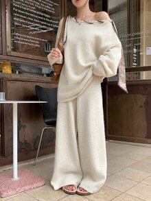 DAZY Women's Off-Shoulder Solid Color Casual Long Sleeve Korean Style Sweater 2 Pieces Set - Apricot - View 6