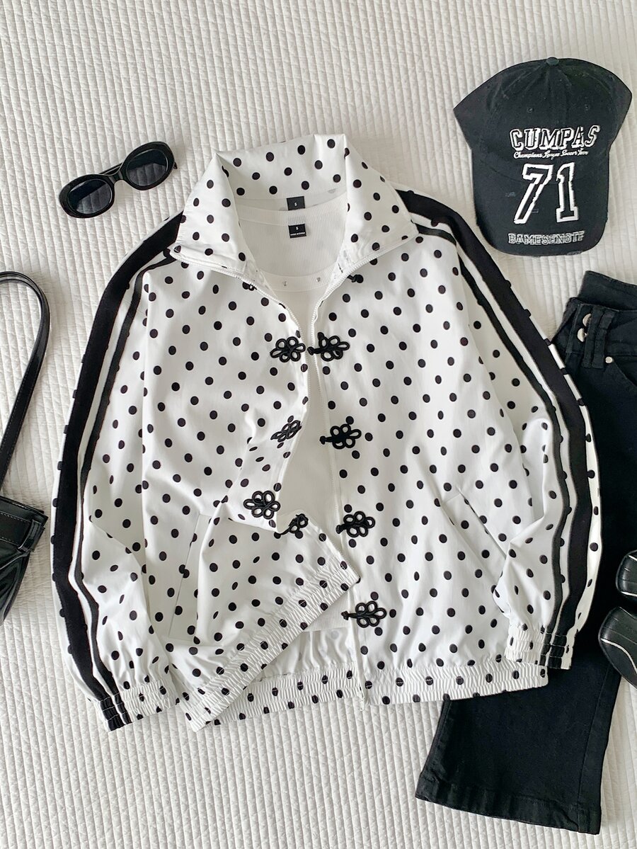 Comfortcana Women's Polka Dot Pattern Frog Button Placket Side Stripe Jacket - White - View 1