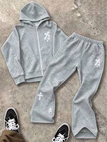 SHEIN 青少年女孩十字圖案拉鍊連帽外套與長褲休閒日常穿搭套裝 - 灰色 - 查看 1