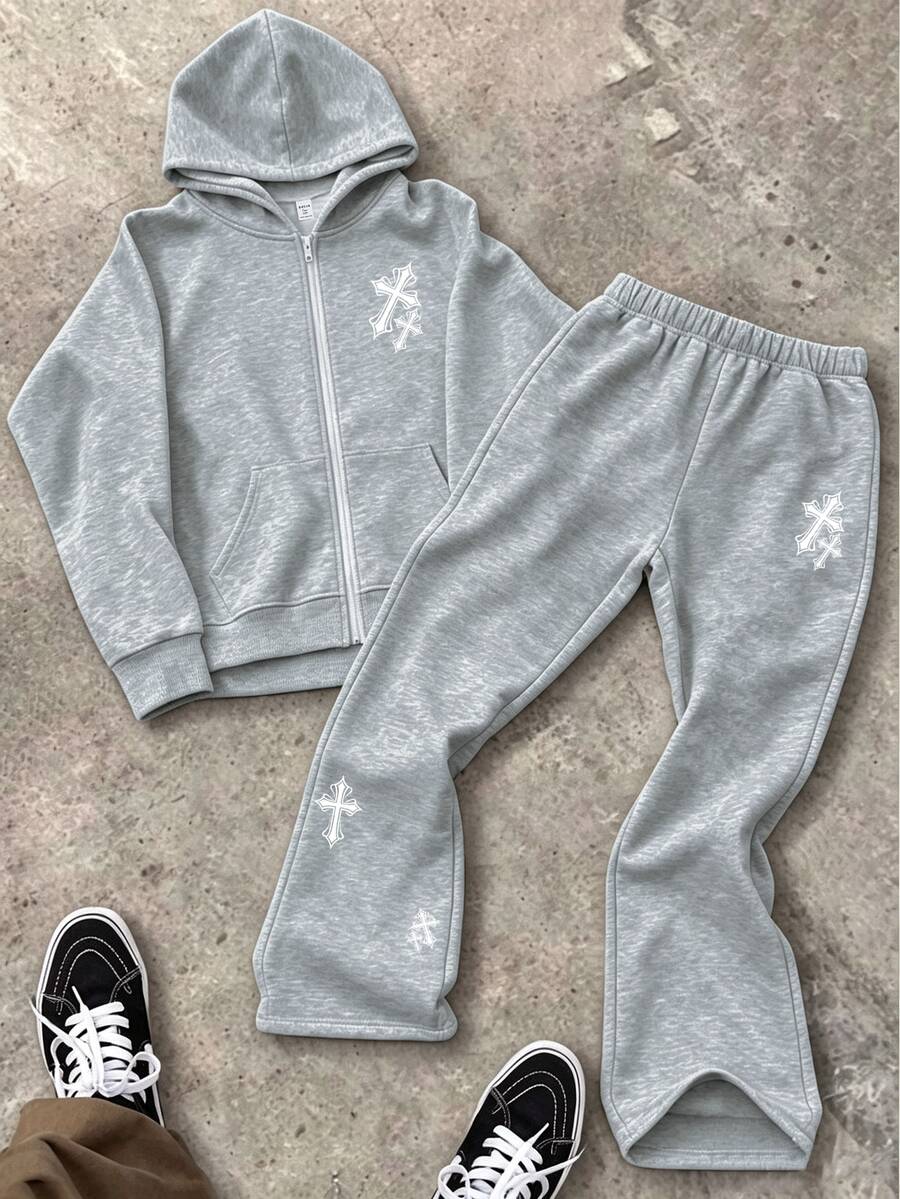 SHEIN 青少年女孩十字圖案拉鍊連帽外套與長褲休閒日常穿搭套裝 - 灰色 - 查看 1