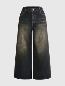 ROMWE Grunge Punk Celana Jeans Denim Ukuran Besar Model Longgar Super Longgar dengan Motif Harimau Bordir Motif Gelap Gaya Punk Vintage yang Usang - Dark Grey - View 3