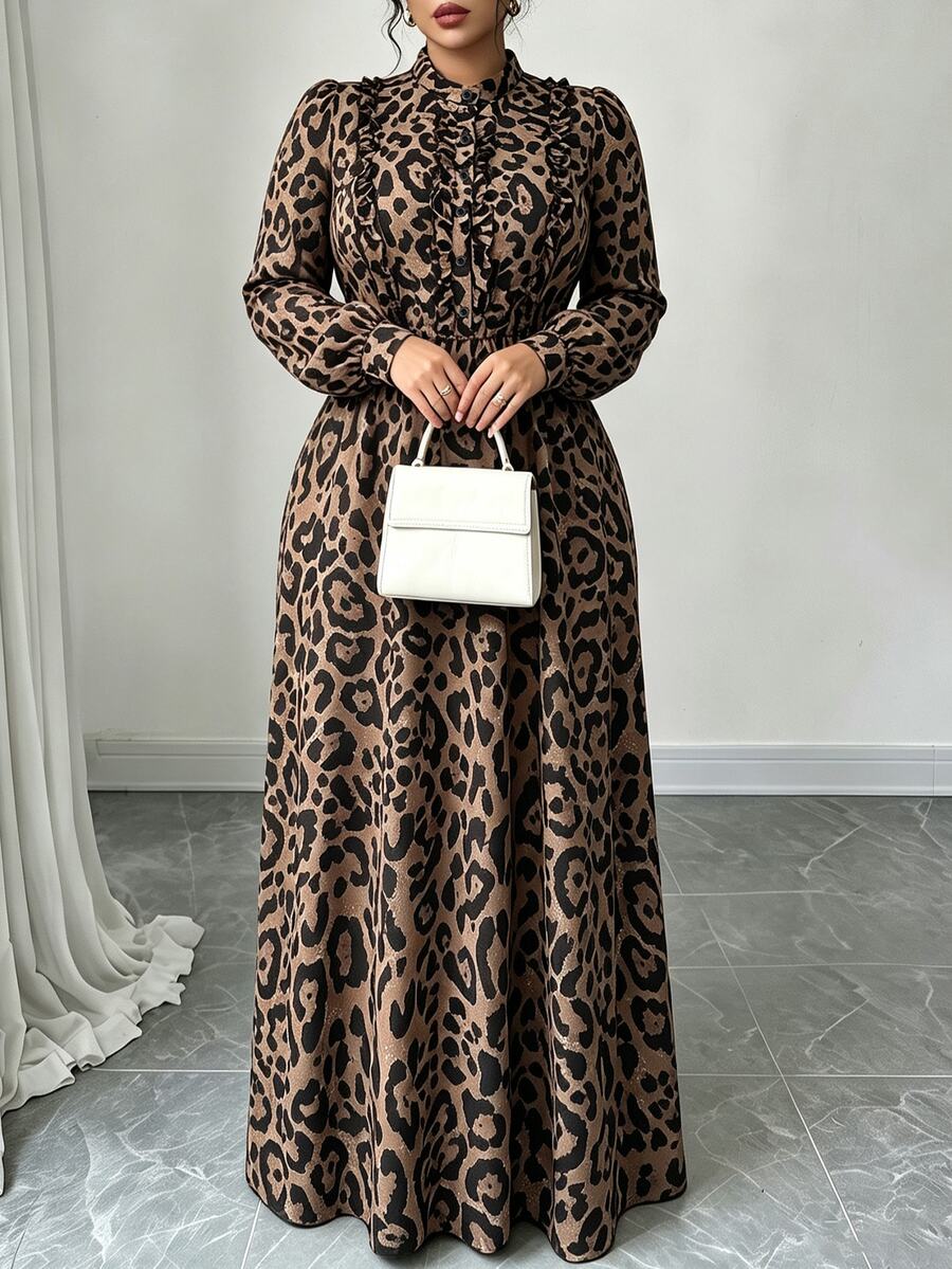 Elenzga Plus Size Leopard Print Ruffle Trim Stand Collar Puff Long Sleeve Waist Tie Elegant Flowy Maxi Dress - Multicolor - View 1