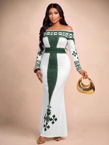Brilight Geo Print Off Shoulder Long Sleeve Maxi Bodycon Dress Pattern Slim Mermaid Gown For Party Wed - White - View 3