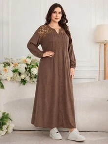 Al Najma Gaun Arab Elegan Lengan Panjang Kancing Tunggal dengan Renda Kontras untuk Wanita Ukuran Plus - Coffee Brown - View 7