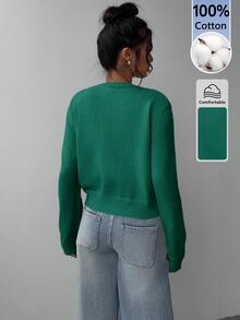 SHEIN BASICS 女款純色圓領單排扣休閒日常百搭長袖開襟衫 - 墨綠色 - 查看 2