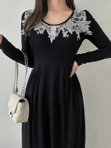 FRIFUL Women's Round Neck Embroidered Long Sleeve Solid Color Midi Dress Dinner Tea Party Date Night Black And White Fall French Lace Mature Elegant - Pearl White - View 7