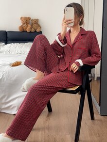 Napfluff Red Plaid Women's Patchwork Plush Open Front Pajama Set, 2 Pieces - Red - View 5